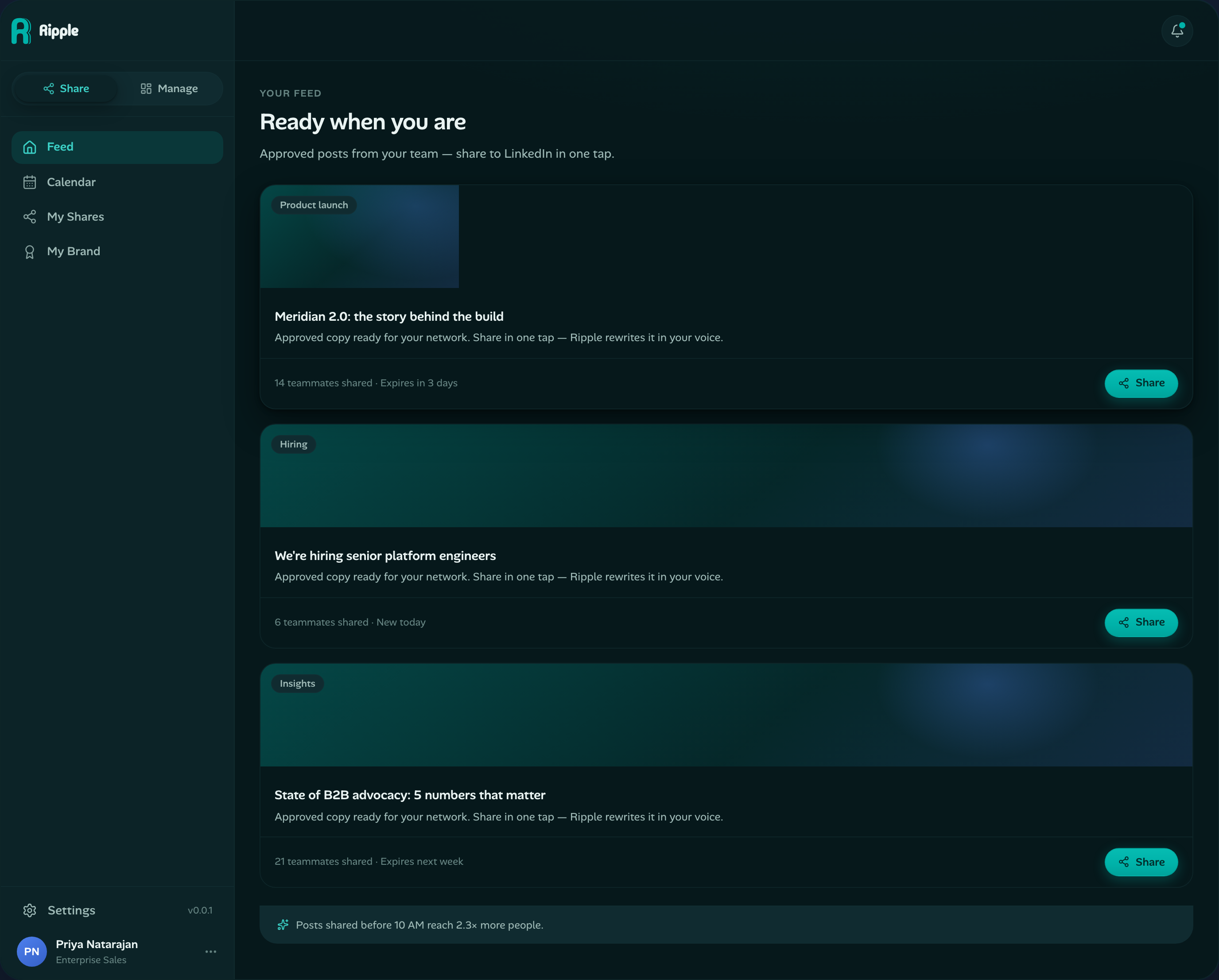 Waves advocate feed with approved LinkedIn posts ready to share