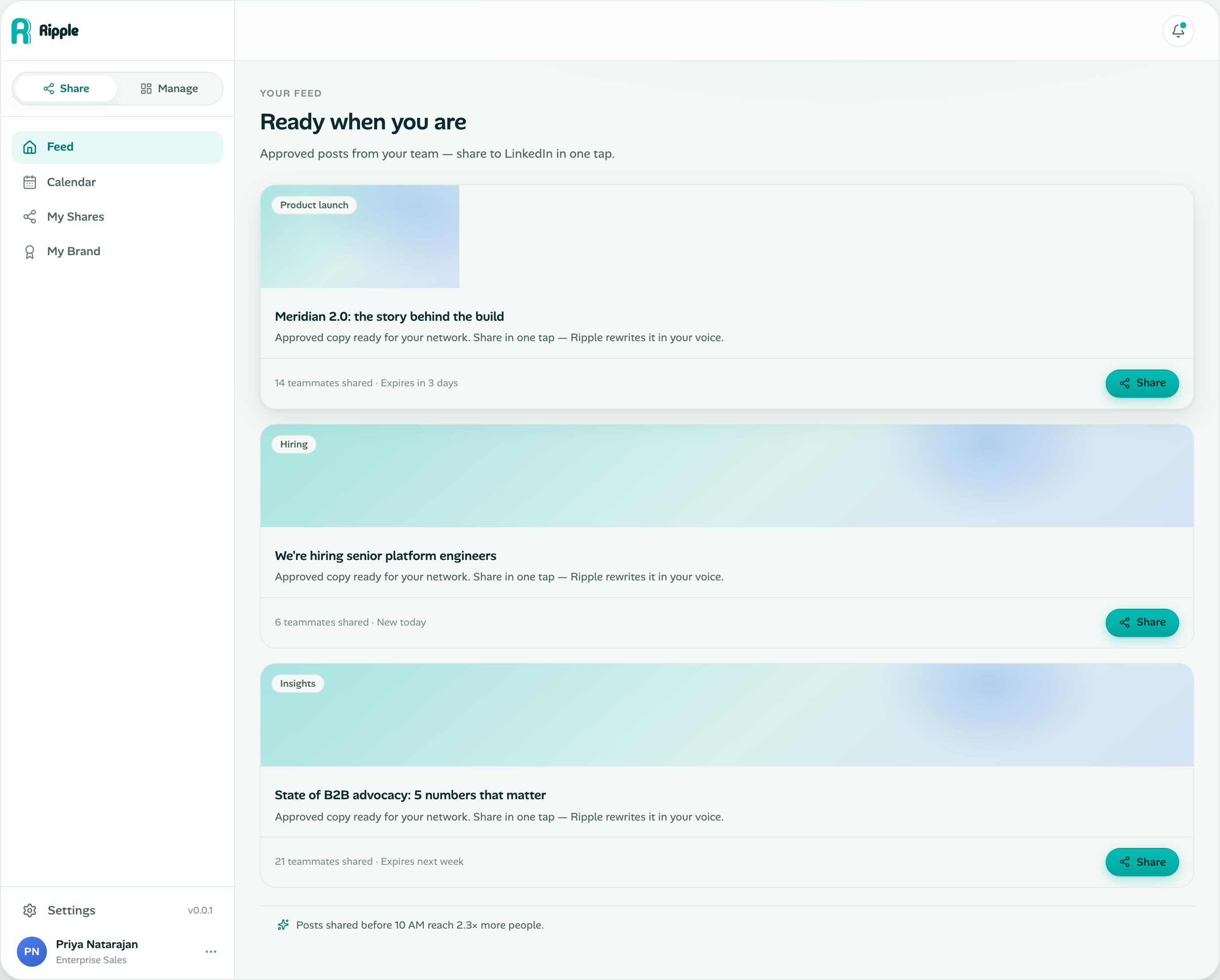 Waves advocate feed with approved LinkedIn posts ready to share