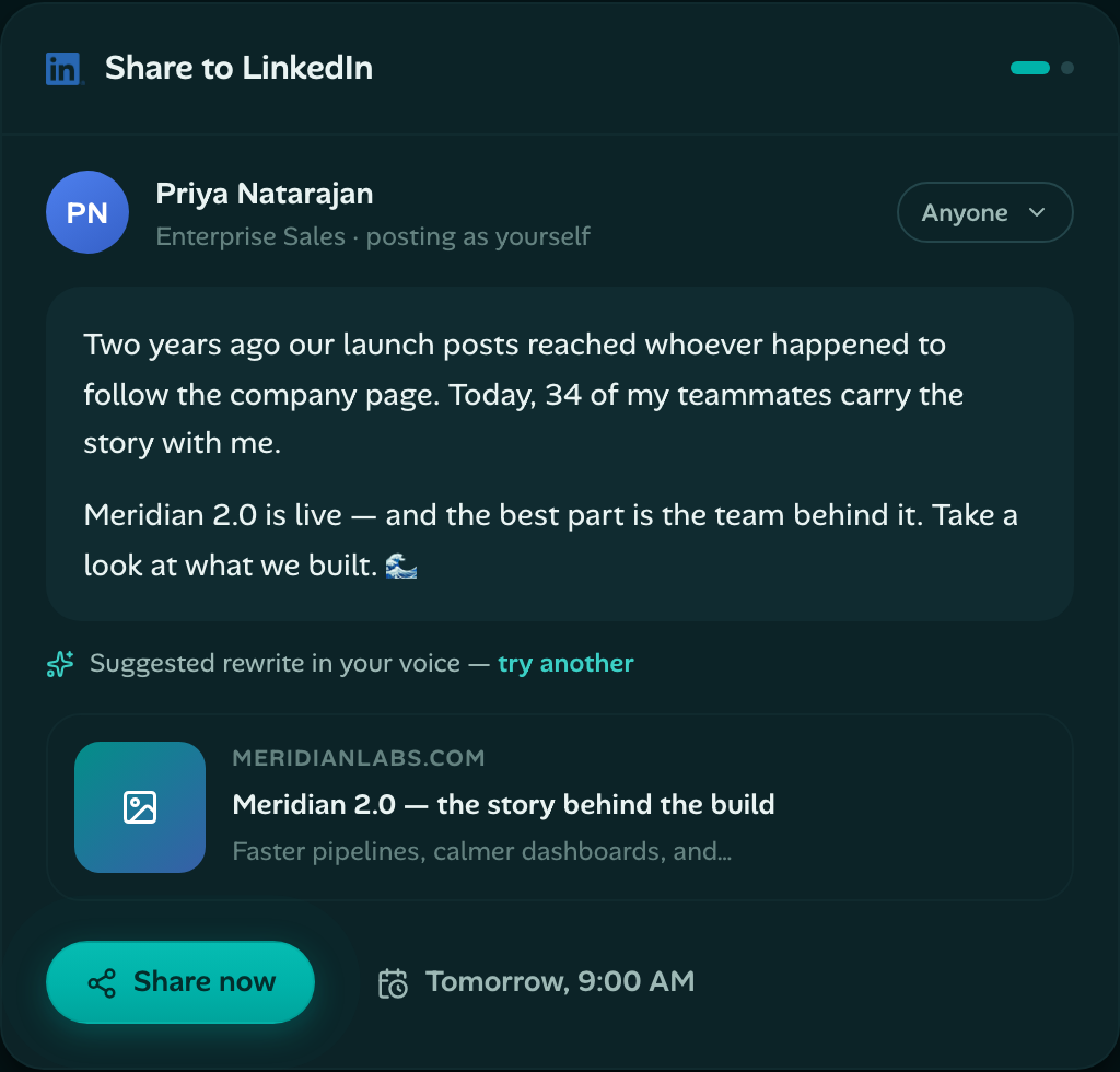 Waves share to LinkedIn composer with voice rewrite and scheduling
