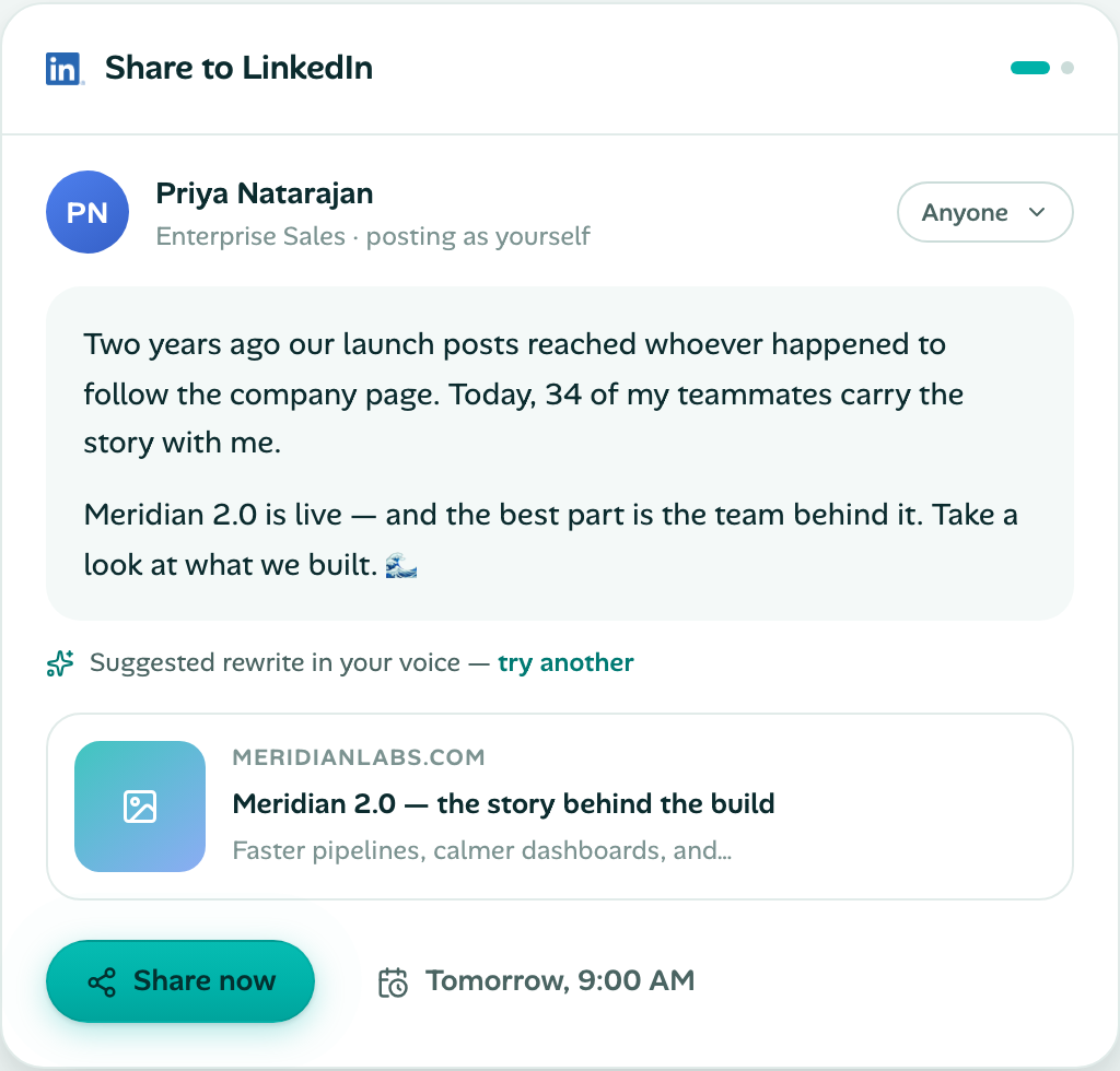 Waves share to LinkedIn composer with voice rewrite and scheduling